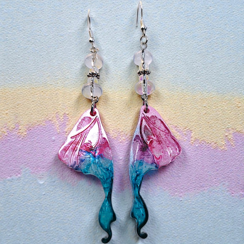 Pink & Teal Ombre Resin Fairy Wing Earrings